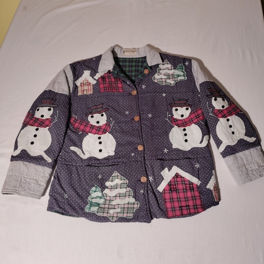 Patch Magic Reversible Quilted Jacket Snowman Plaid Winter Chore Coat  - Issues